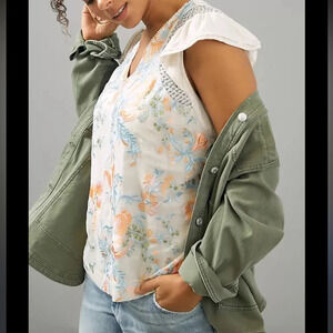 Anthro Freida Floral Embroidered Flutter Sleeve Top Size Medium